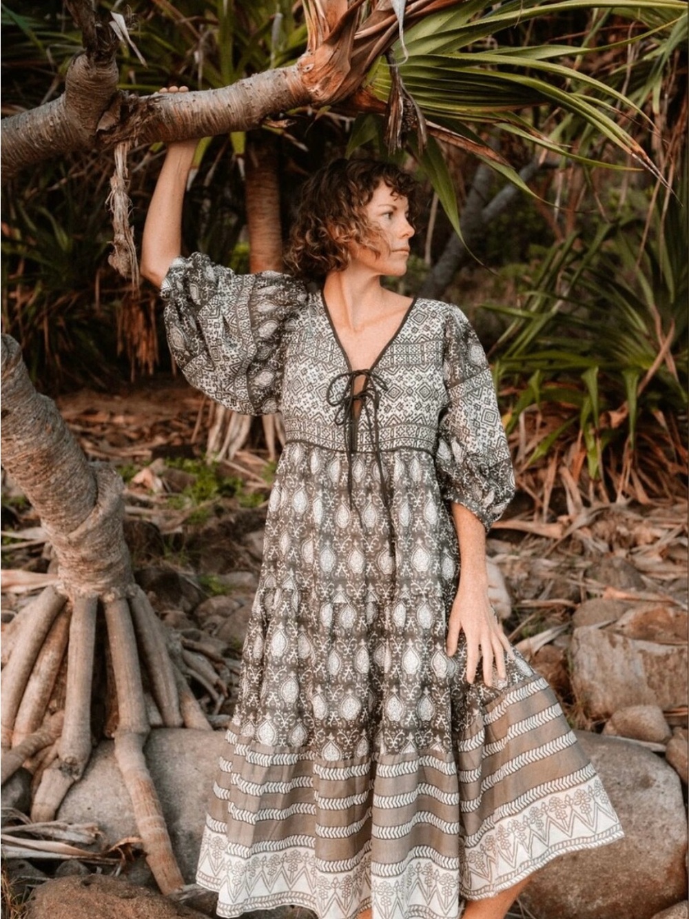 NWT Daughters of India Band Charcoal Printed Maxi Dress - Picture 3 of 5